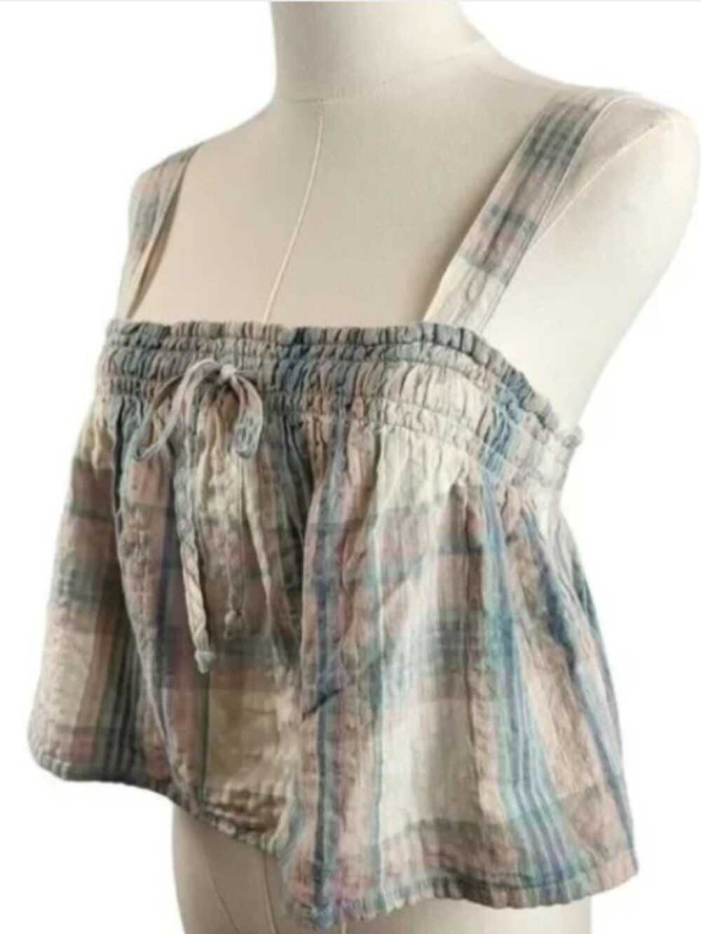 NEW American Eagle Outfitters X-Small Cotton Cropped Top Pink Blue Green Plaid - Picture 4 of 14